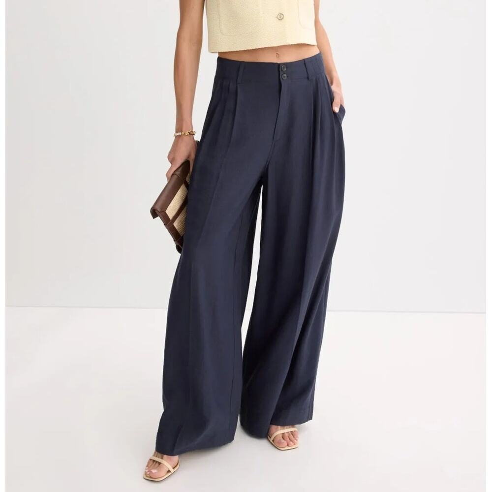 CeCe Pleated Wide Leg Pants High Rise Relaxed Fit Tailored Trousers Navy Blue 14